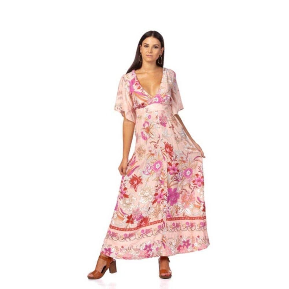 Shareen Boho Pink Floral Deep V Pink Maxi Dress- Size 10 Australian